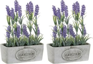 Items Lavendel bloemen kunstplant in bloempot 2x paarse bloemen 19 x 9 x 28 cm bloemstuk Kunstplanten
