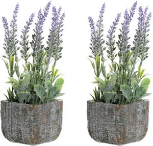 Items Lavendel bloemen kunstplant in bloempot 2x paarse bloemen 9 x 26 cm bloemstukje Kunstplanten
