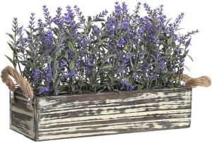 Items Lavendel bloemen kunstplant in bloembak donkerpaarse bloemen 30 x 12 x 21 cm bloemstukje Kunstplanten