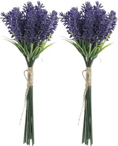 Items Lavendel kunstbloemen 2x bosje met stelen van paarse bloemetjes 10 x 26 cm Kunstplanten
