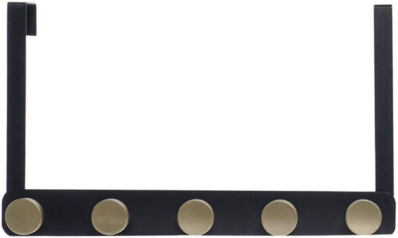 Items Metalen deurkapstok rek zwart met 5 goudkleurige ophangknoppen 33 cm Kapstokken