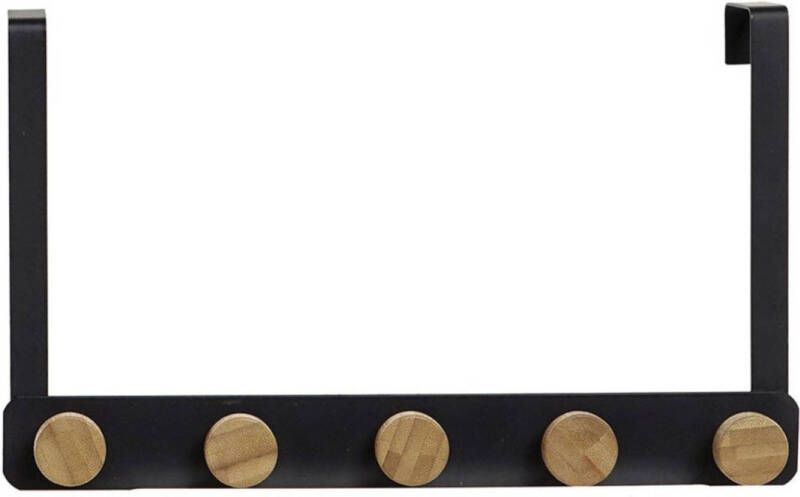 Items Metalen deurkapstok rek zwart met 5 ophangknoppen van hout 33 cm Kapstokken