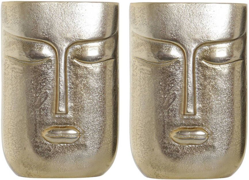 Items Set van 2x stuks bloemenvaas goud van aluminium met gezicht 15 x 23 cm Vazen