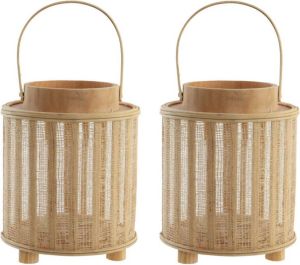 Items Set van 2x stuks houten kaarsenhouders lantaarns bruin 33 cm Waxinelichtjeshouder Windlicht Lantaarns