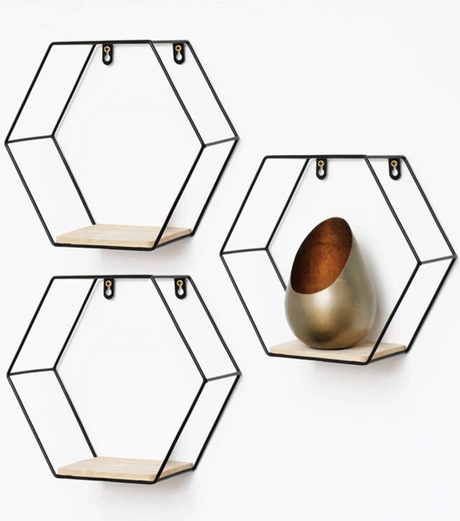 IVOL Set van 3 zeshoekige metalen wandrekjes met houten plankje Zwart