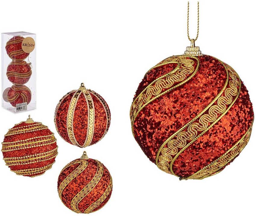 Krist+ kerstballen 12x rood goud kunststof gedecoreerd -8 cm Kerstbal