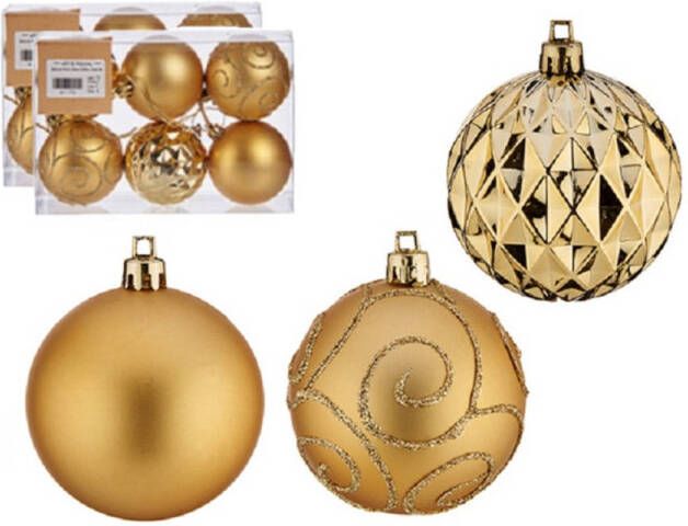 Krist+ kerstballen 12x stuks goud kunststof gedecoreerd Kerstbal