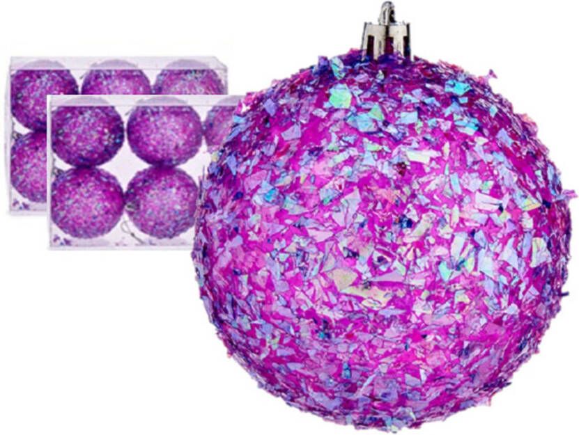 Krist+ kerstballen 12x stuks paars kunststof glitter Kerstbal