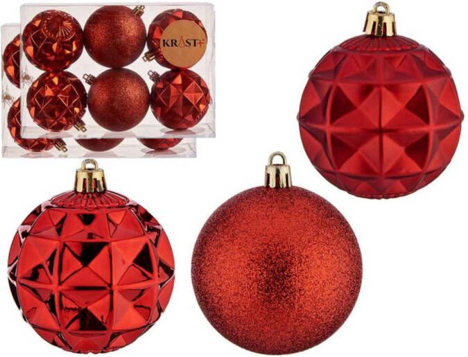 Krist+ kerstballen 12x stuks rood kunststof gedecoreerd -7 cm Kerstbal