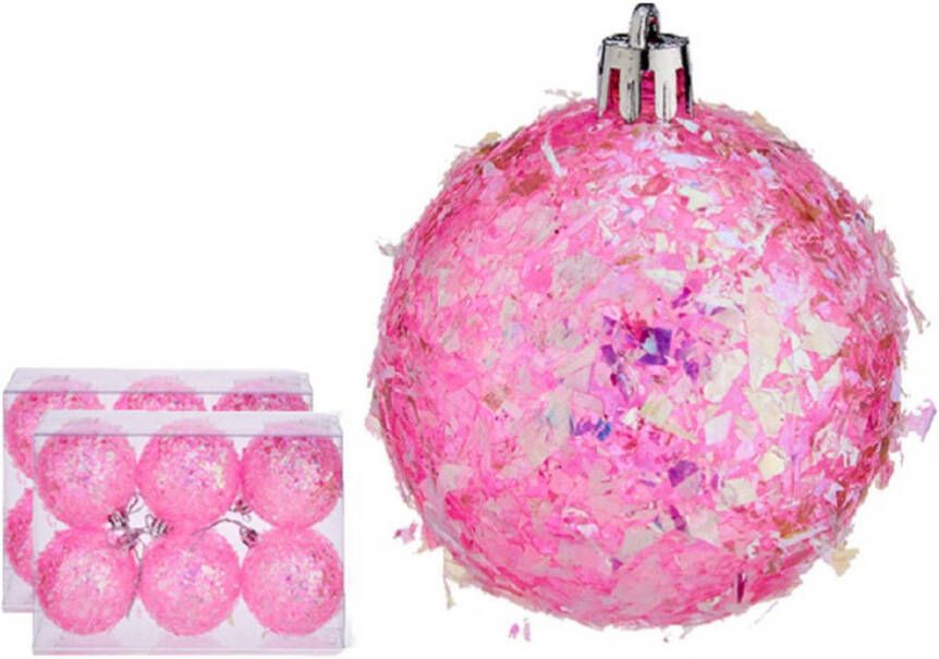 Krist+ kerstballen 12x stuks roze kunststof glitter Kerstbal