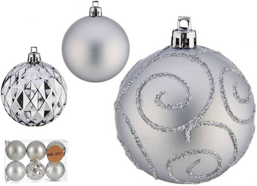 Krist+ kerstballen 6x 7 cm- zilver kunststof gedecoreerd Kerstbal