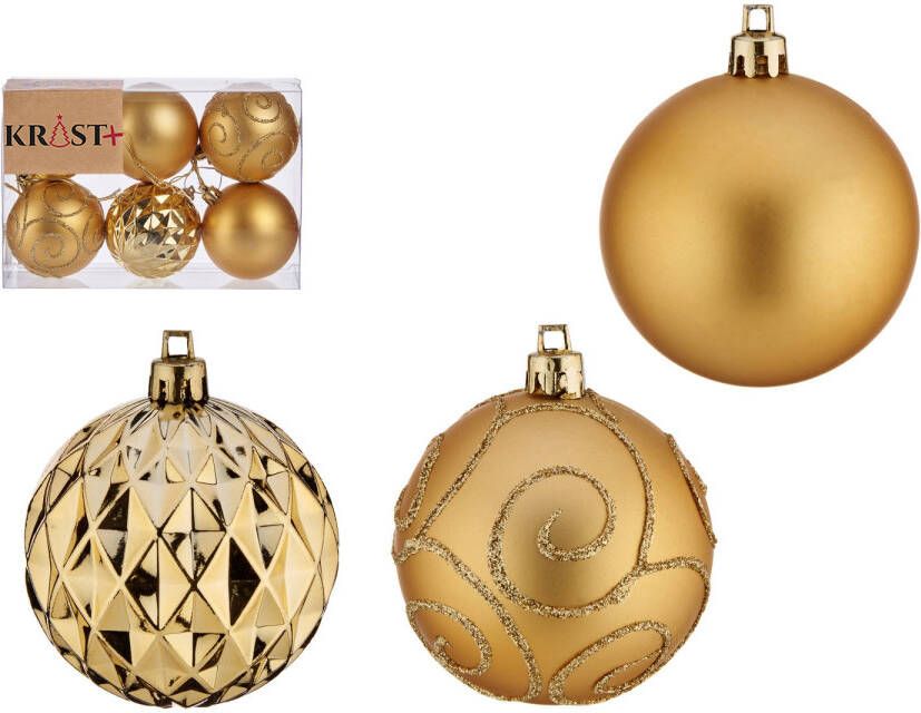 Krist+ kerstballen 6x stuks goud kunststof gedecoreerd Kerstbal