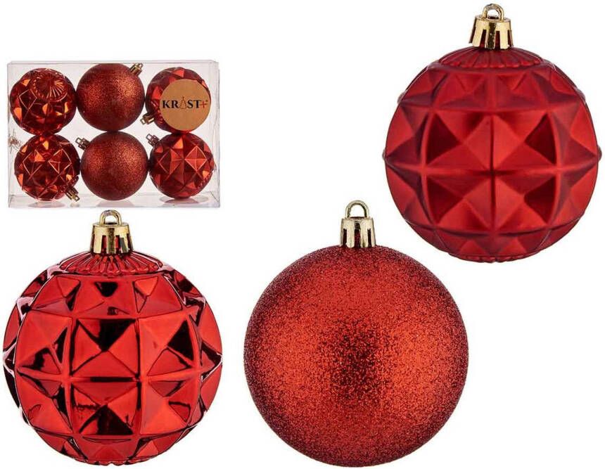 Krist+ kerstballen 6x stuks rood kunststof gedecoreerd -7 cm Kerstbal