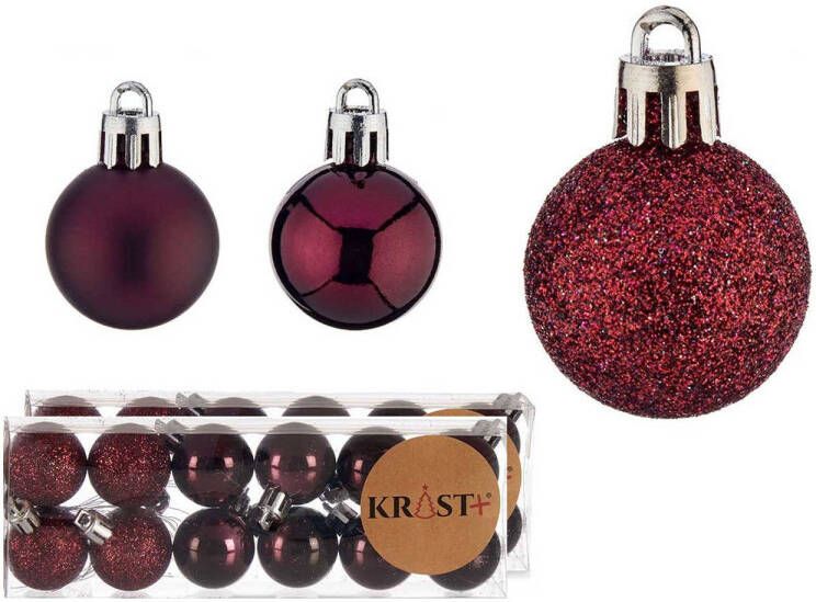 Krist+ mini kerstballen 24x stuks wijn bordeaux rood kunststof -3 cm Kerstbal
