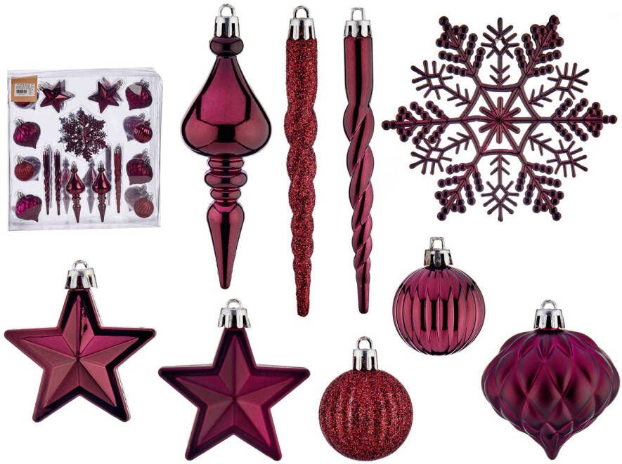 Krist+ ornamenten set 32x wijn bordeaux rood kunststof Kersthangers