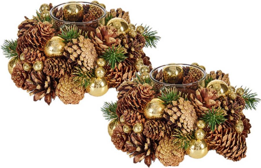 Krist+ Set van 2x stuks kerst thema kaarsenhouders ornament bruin met goud nature 18 cm Waxinelichtjeshouders