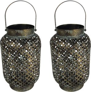 Lesli Living 2x stuks vintage metalen lantaarns windlichten met glas Luna Cross 30 cm Tuindecoratie artikelen van metaal Lantaarns