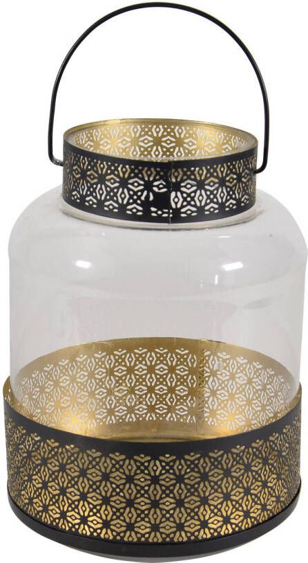 Lesli Living Lantaarn windlicht zwart goud Arabische stijl 20 x 28 cm metaal en glas Lantaarns