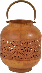 Lesli Living Metalen lantaarn windlicht met glas roest 21 cm Metalen woonaccessoires Tuindecoratie artikelen van metaal Lantaarns