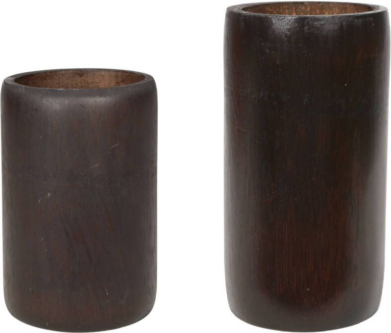 Lesli Living Set van 2x bamboe theelichthouders waxinelichthouders bruin 13 en 16 cm Waxinelichtjeshouders