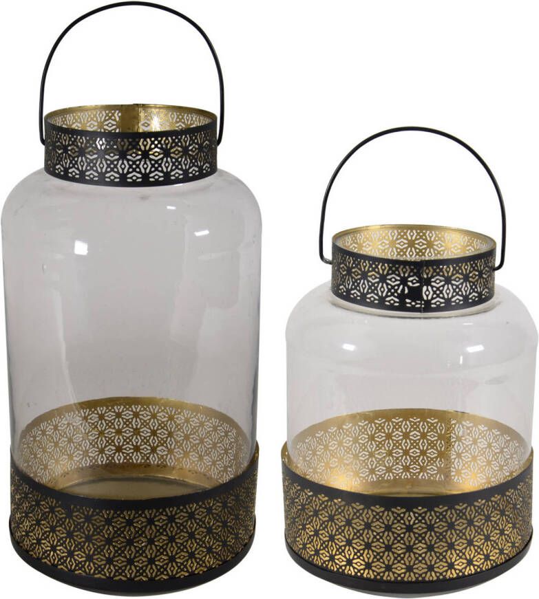 Lesli Living Set van 2x lantaarns windlichten zwart goud Arabische stijl 28 en 37 cm metaal en glas Lantaarns