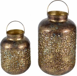 Lesli Living Set van 2x metalen lantaarns windlichten goud grof 23 en 32 cm Voor gebruik tuin woonkamer Decoratie Oosterse Arabische stijl Lantaarns