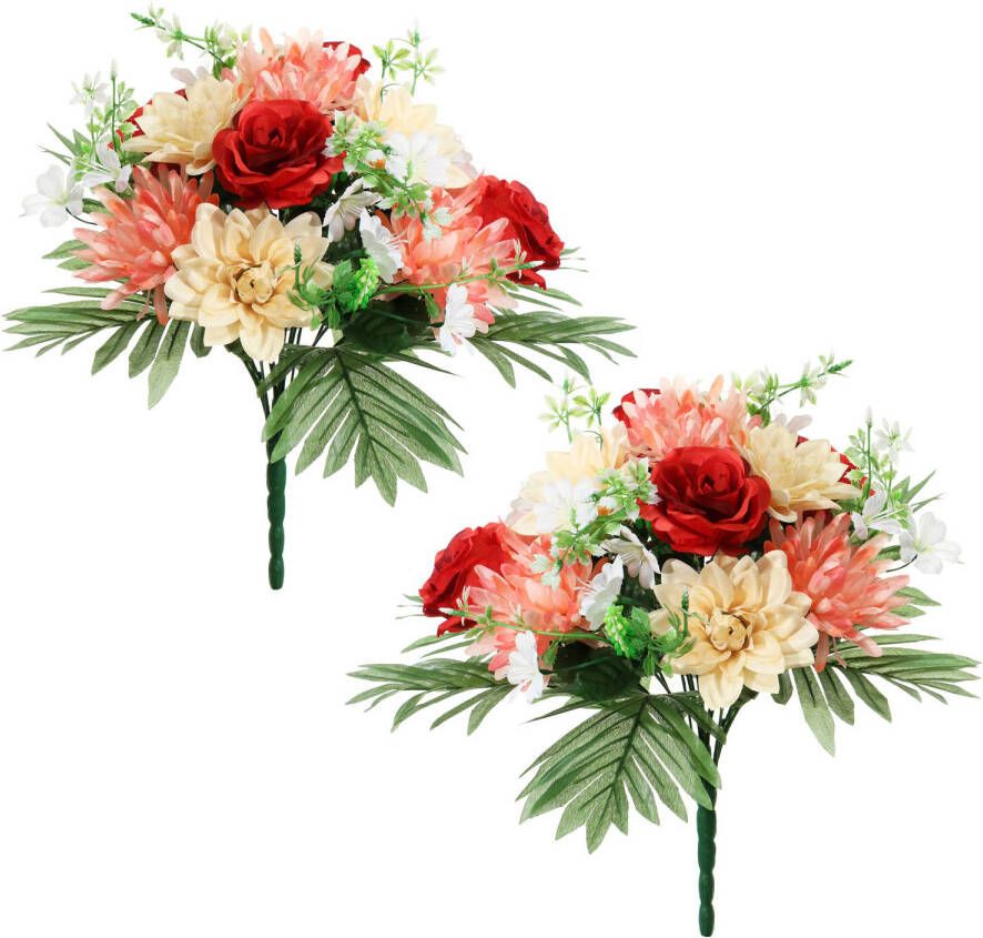 Louis Maes Kunstbloemen boeket roos dahlia - 2x rood zalm H36 cm Bloemstuk Bladgroen Kunstbloemen