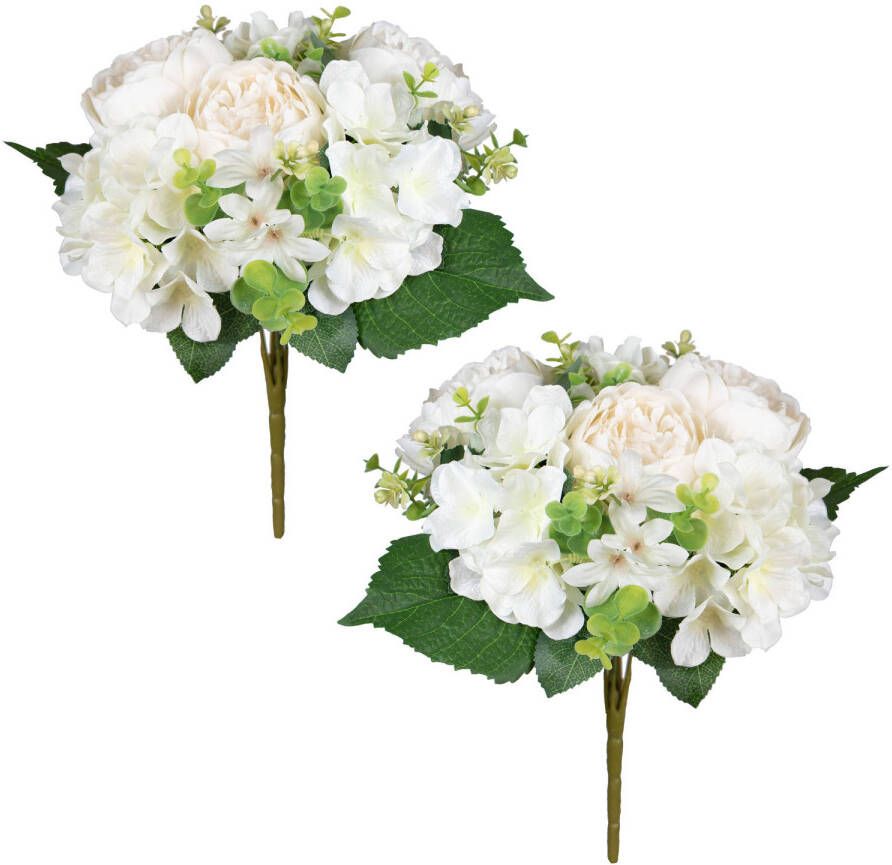 Louis Maes kunstbloemen boeket roos hortensia - 2x creme wit H39 cm Bloemstuk Bladgroen Kunstbloemen
