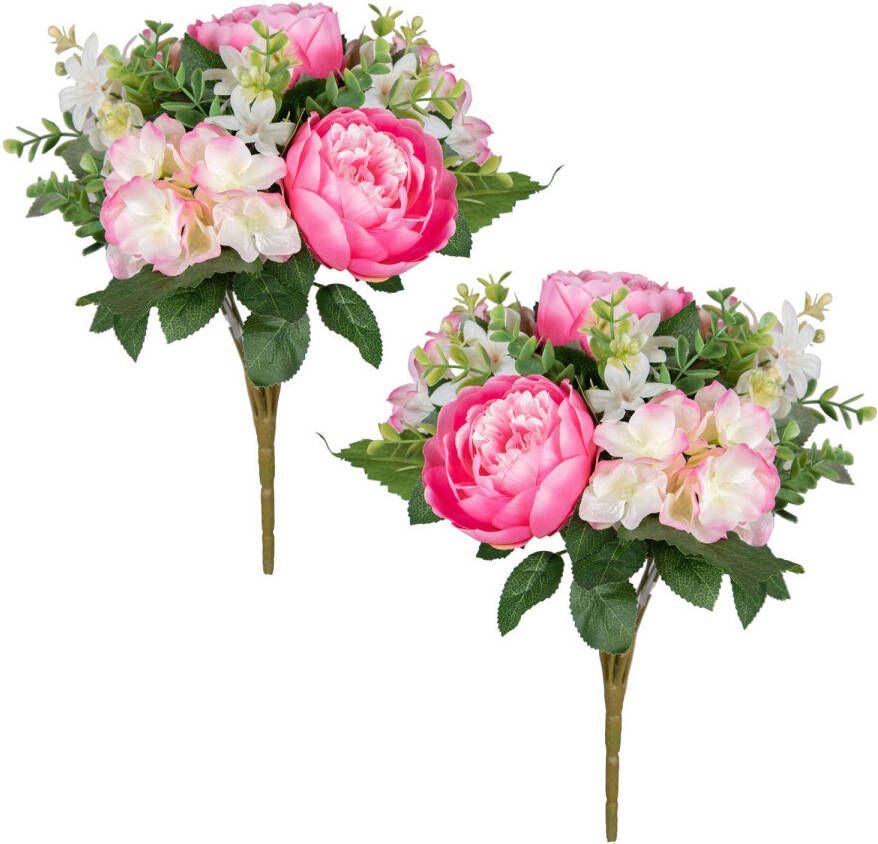 Louis Maes kunstbloemen boeket roos hortensia - 2x roze cerise H39 cm Bloemstuk Bladgroen Kunstbloemen
