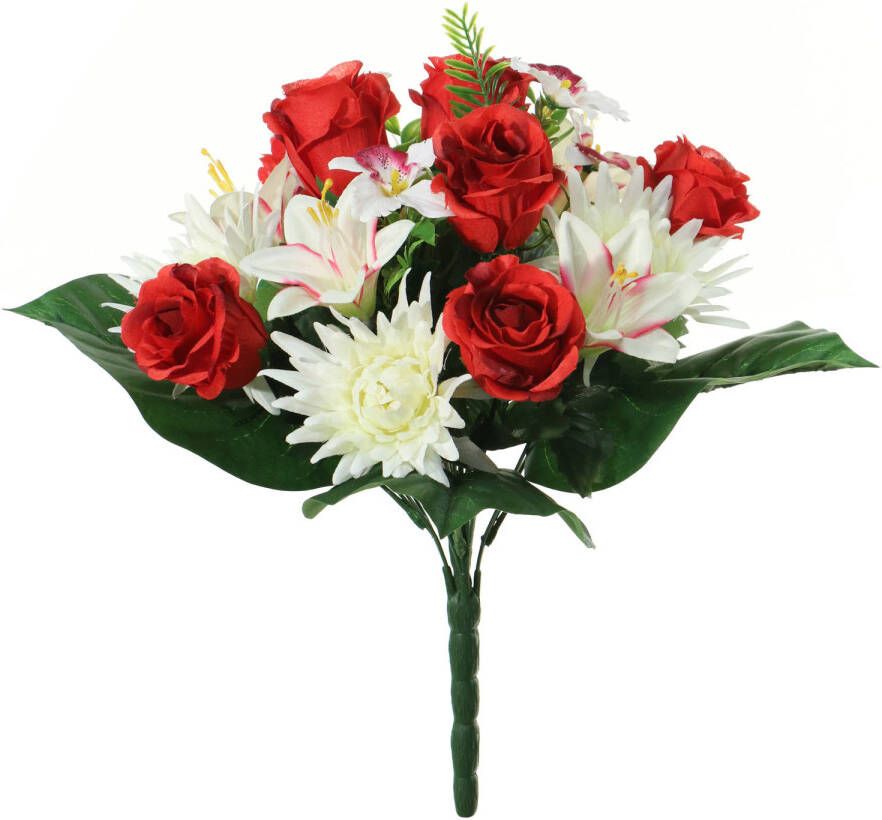 Louis Maes kunstbloemen boeket roos orchidee chrysantA - rood wit H36 cm Bloemstuk Bladgroen Kunstbloemen