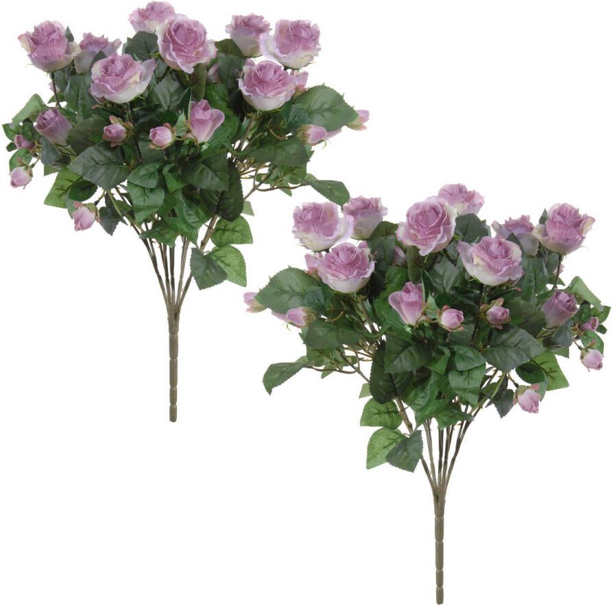 Louis Maes Kunstbloemen boeket rozen 2x lila paars H50 cm Bloemstuk Bladgroen Kunstbloemen