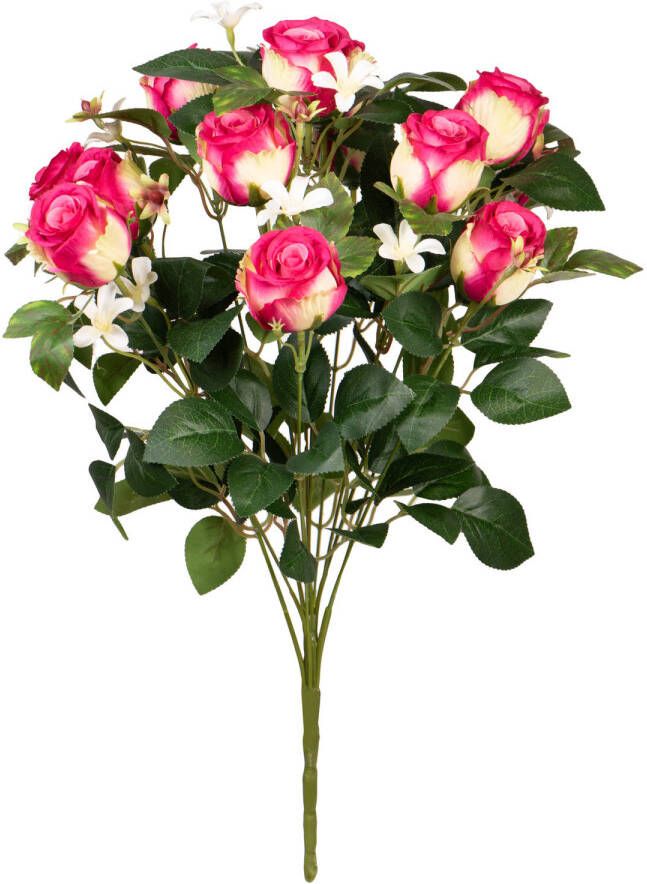 Louis Maes Kunstbloemen boeket rozen bloesem met bladgroen cerise H49 cm Bloemstuk Kunstbloemen