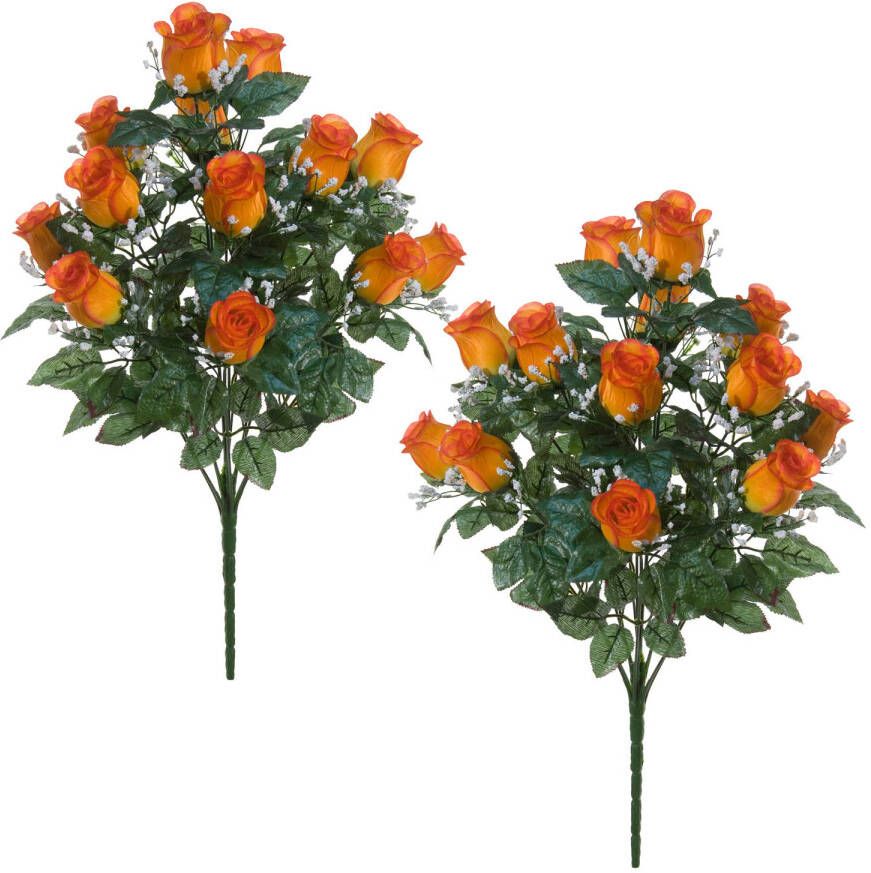 Louis Maes Kunstbloemen boeket rozen gipskruid 2x oranje H56 cm Bloemstuk Bladgroen Kunstbloemen