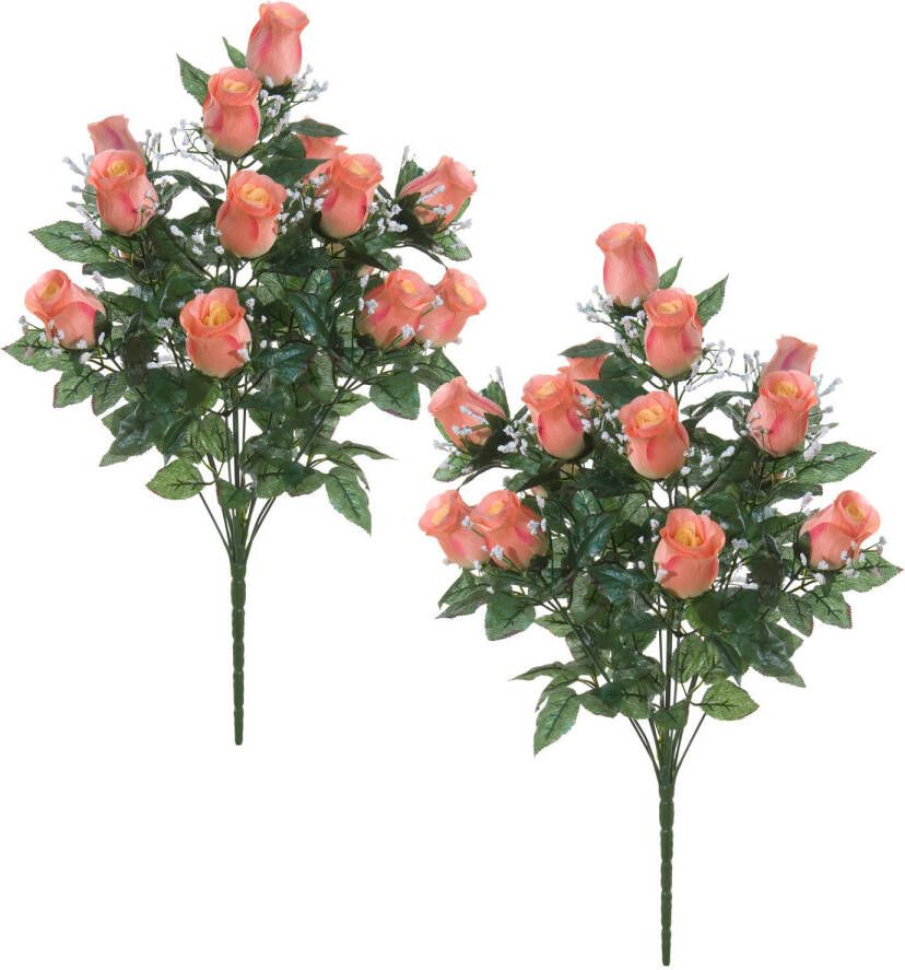 Louis Maes Kunstbloemen boeket rozen gipskruid 2x zalmroze H56 cm Bloemstuk Bladgroen Kunstbloemen