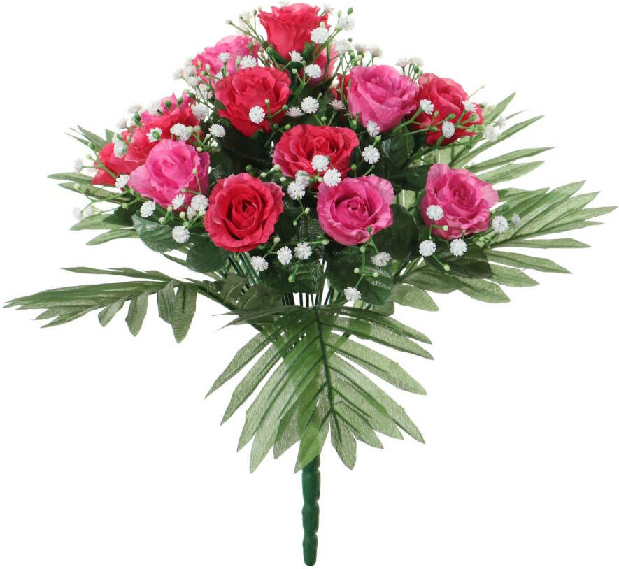 Louis Maes Kunstbloemen boeket rozen gipskruid roze cerise H36 cm Bloemstuk Bladgroen Kunstbloemen