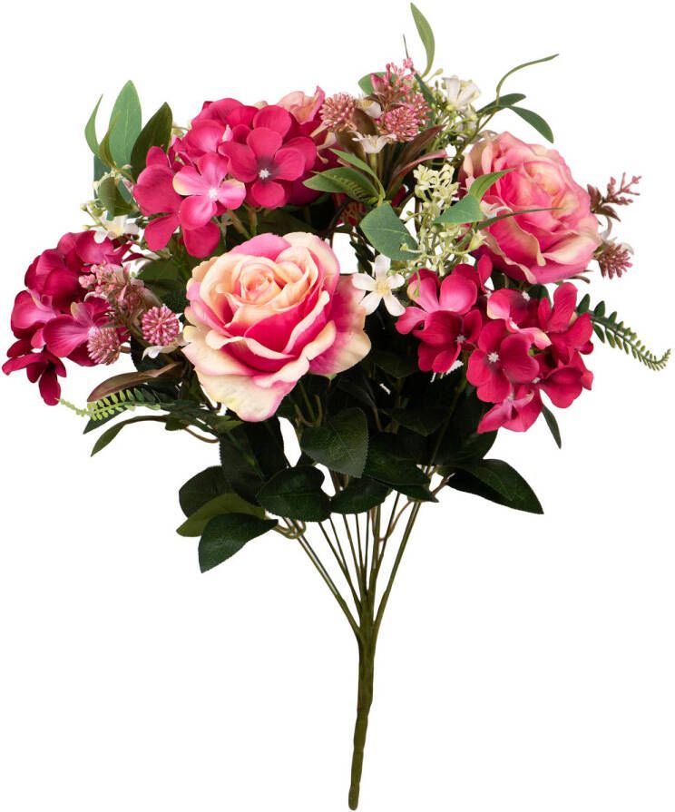 Louis Maes Kunstbloemen boeket rozen hortensia met bladgroen roze H52 cm Bloemstuk Kunstbloemen