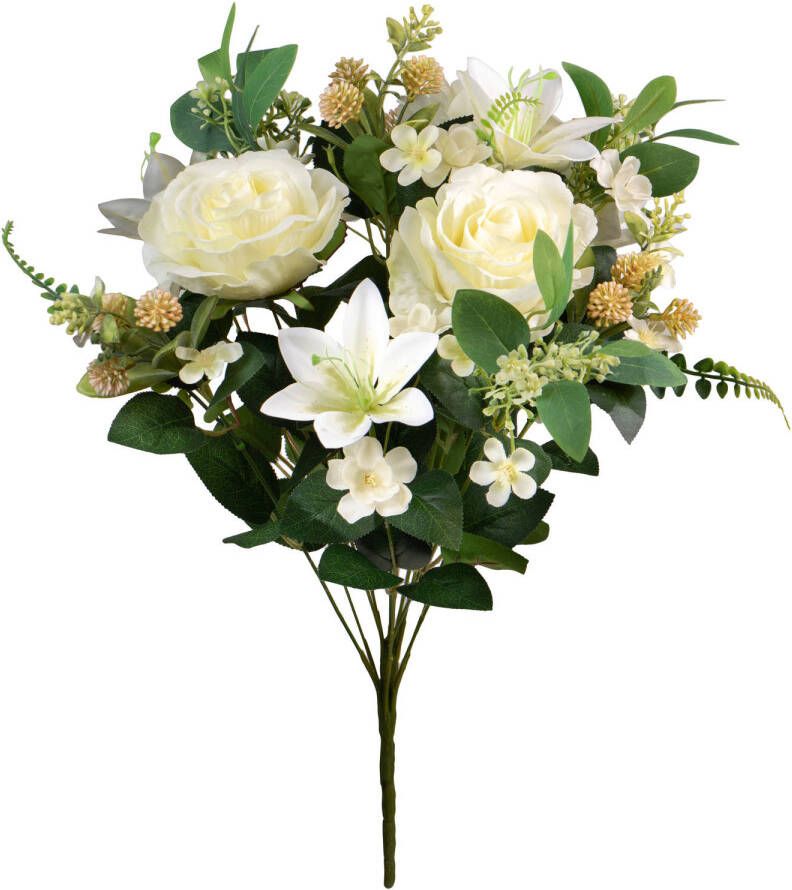 Louis Maes Kunstbloemen boeket rozen lelie met bladgroen wit H50 cm Bloemstuk Kunstbloemen