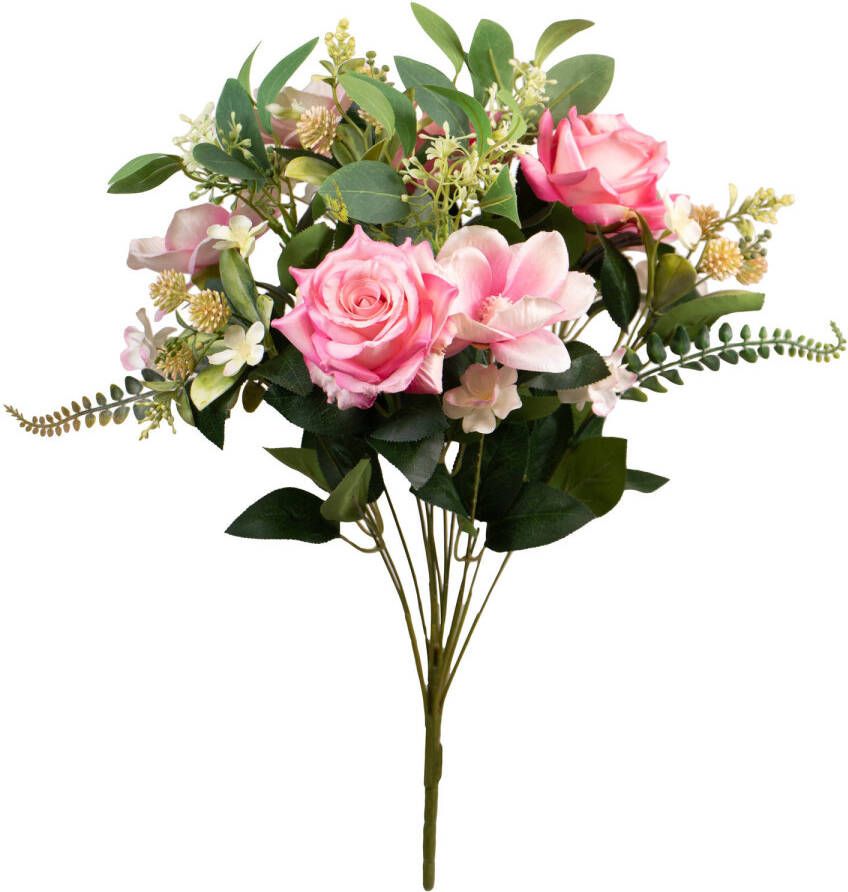 Louis Maes Kunstbloemen boeket rozen magnolia met bladgroen roze H50 cm Bloemstuk Kunstbloemen