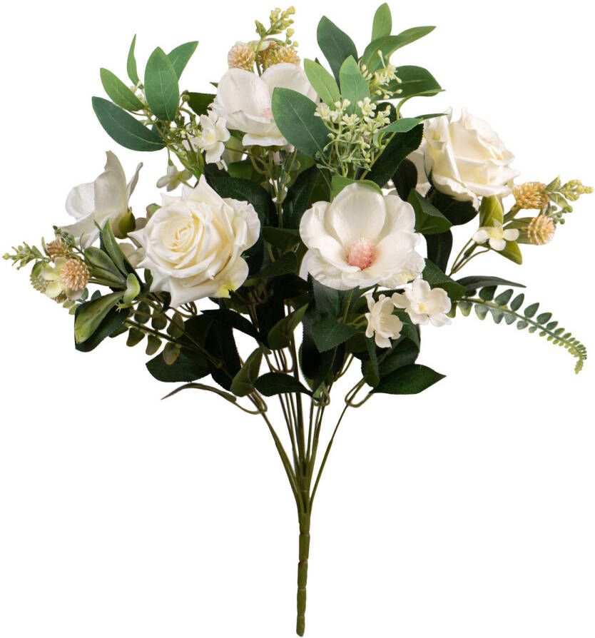 Louis Maes Kunstbloemen boeket rozen magnolia met bladgroen wit H50 cm Bloemstuk Kunstbloemen