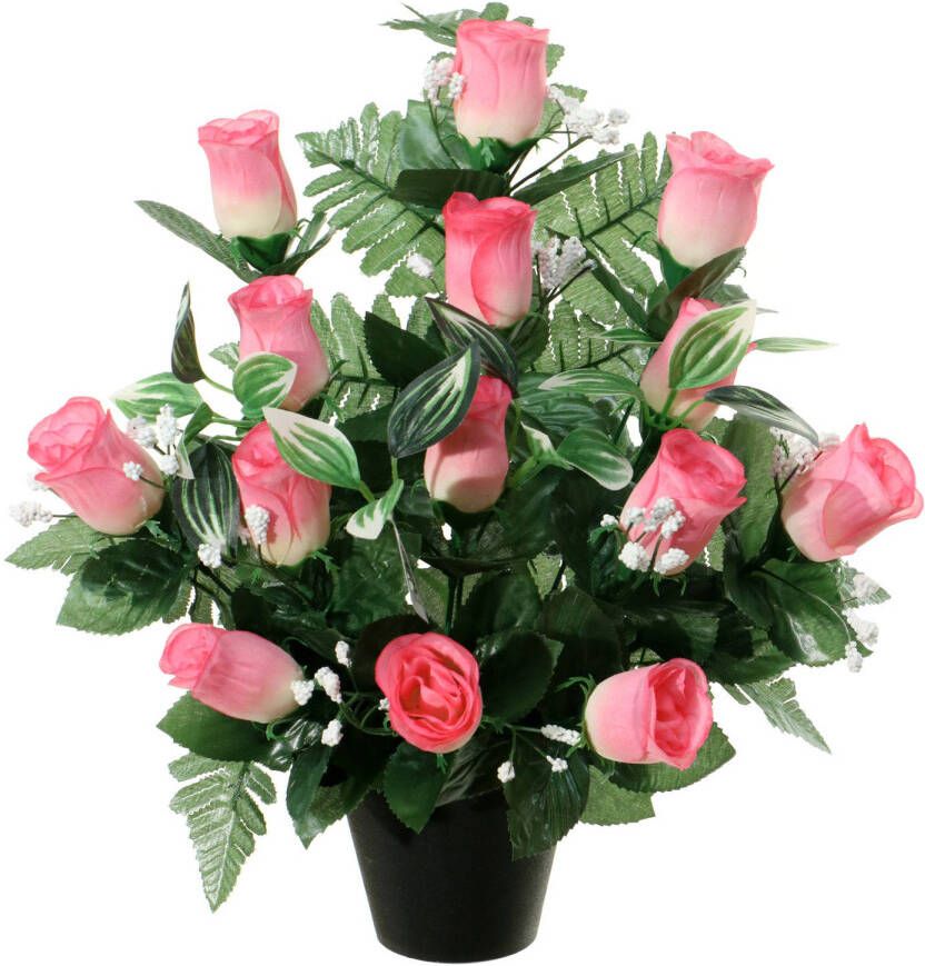 Louis Maes Kunstbloemen in pot lichtroze H35 cm Bloemstuk ornament rozen gipskruid met bladgroen Kunstbloemen