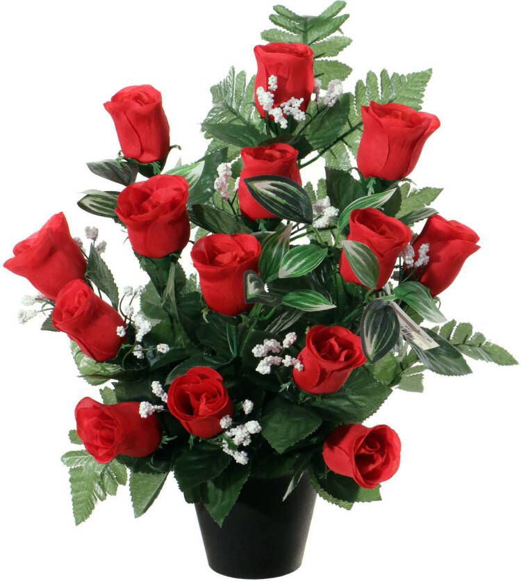 Louis Maes Kunstbloemen in pot rood H35 cm Bloemstuk ornament rozen gipskruid met bladgroen Kunstbloemen