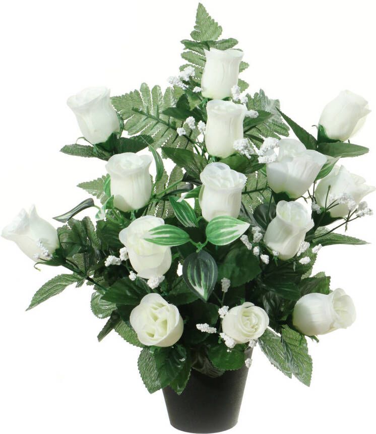 Louis Maes Kunstbloemen in pot wit H35 cm Bloemstuk ornament rozen gipskruid met bladgroen Kunstbloemen