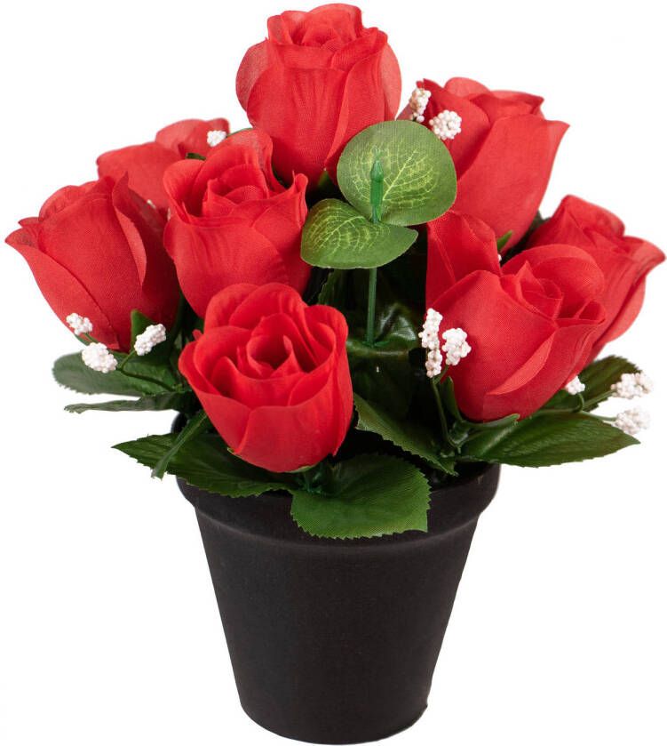 Louis Maes Kunstbloemen klein boeketje rozen in pot rood H25 cm Bloemstuk Bladgroen Kunstbloemen