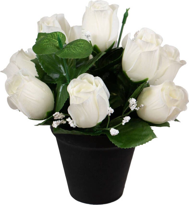 Louis Maes Kunstbloemen klein boeketje rozen in pot wit H25 cm Bloemstuk Bladgroen Kunstbloemen