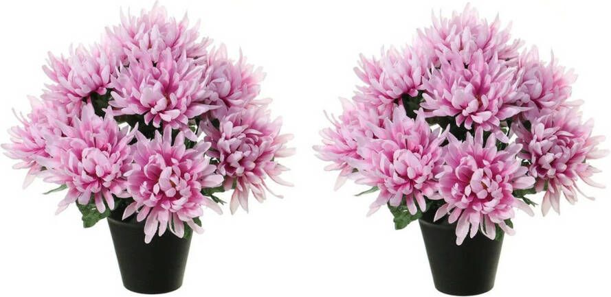 Louis Maes Kunstbloemen plant in pot 2x lila paars tinten 28 cm Bloemenstuk ornament - Chrysanten Kunstbloemen