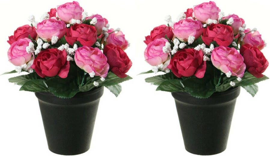 Louis Maes Kunstbloemen plant in pot 2x roze wit tinten 20 cm Bloemenstuk ornament Kunstbloemen