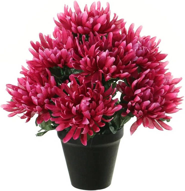 Louis Maes Kunstbloemen plant in pot cerise roze tinten 28 cm Bloemenstuk ornament - Chrysanten Kunstbloeme