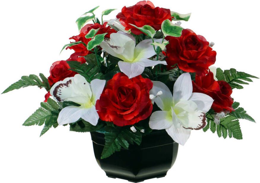 Louis Maes Kunstbloemen plantje in pot kleuren rood wit 25 cm Bloemstuk ornament orchidee rozen met bladgroen