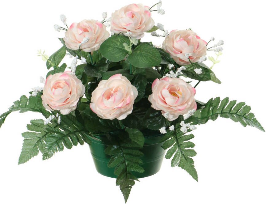 Louis Maes Kunstbloemen plantje in pot lichtroze 25 cm Bloemstuk ornament rozen met bladgroen Kunstbloemen