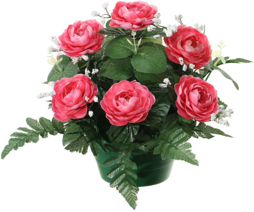 Louis Maes Kunstbloemen plantje in pot roze 25 cm Bloemstuk ornament rozen met bladgroen Kunstbloemen
